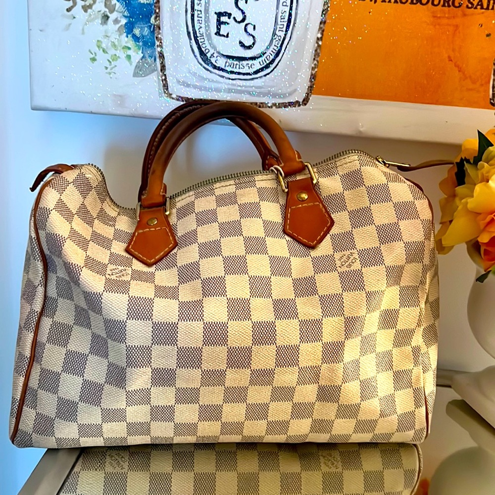SOLD/Louis Vuitton classic speedy 30 Boston handbag Damier Azur w/gold medal